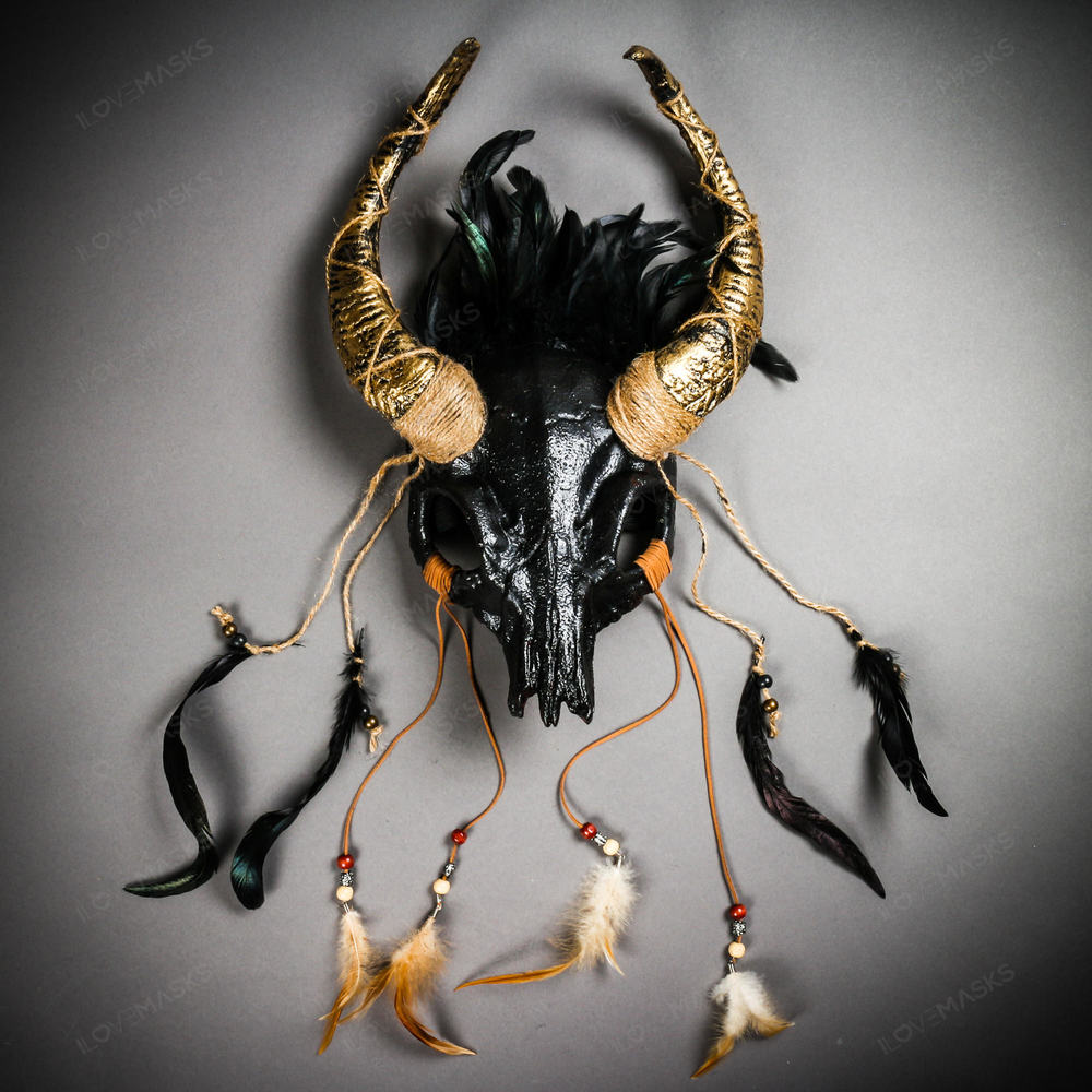 Antelope Devil Gold Horns Animal Skull Ghost Masquerade Mask - Black